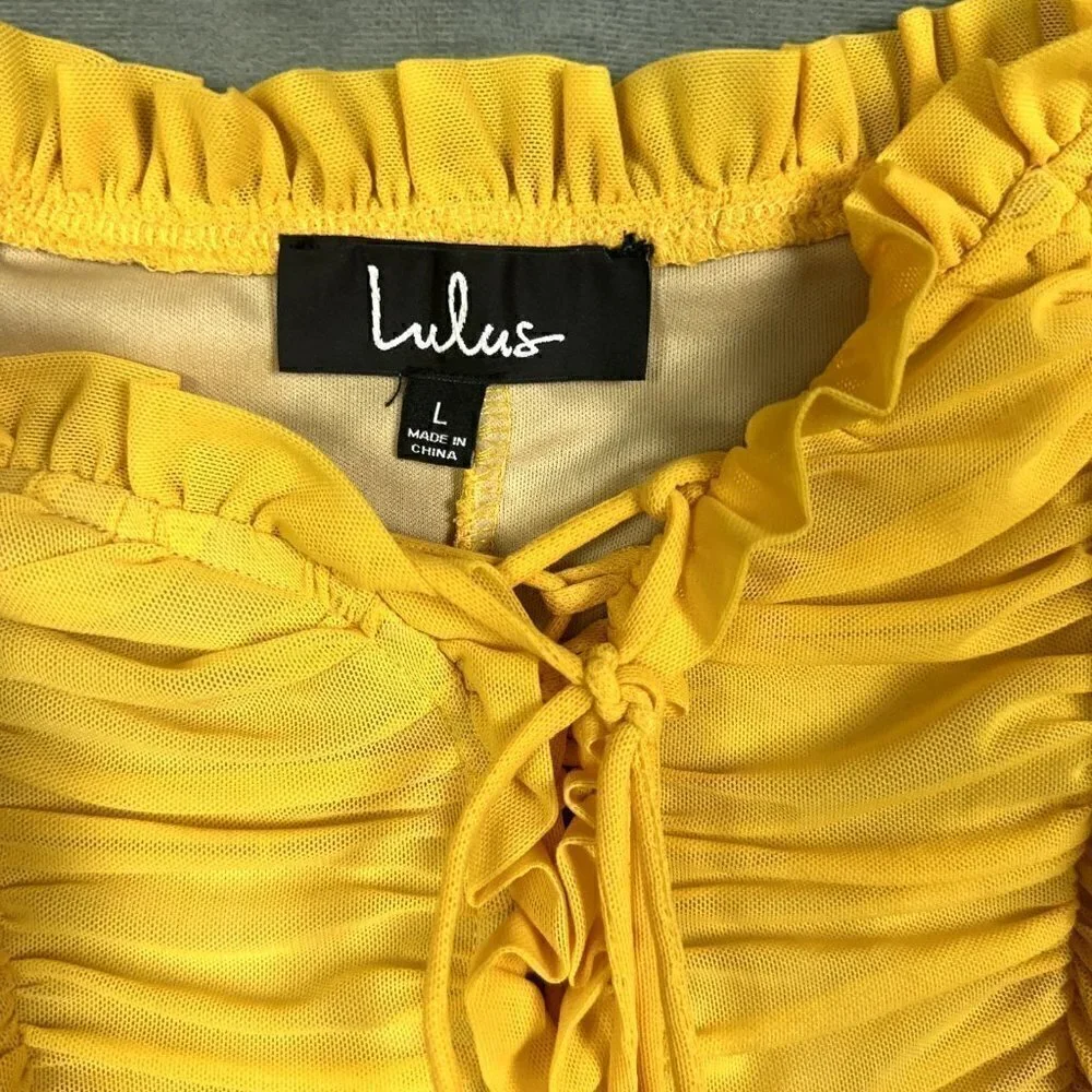 LULUS Dress Womens Size L Mustard Yellow Ruched Off-the-Shoulder Bodycon - Picture 5 of 12